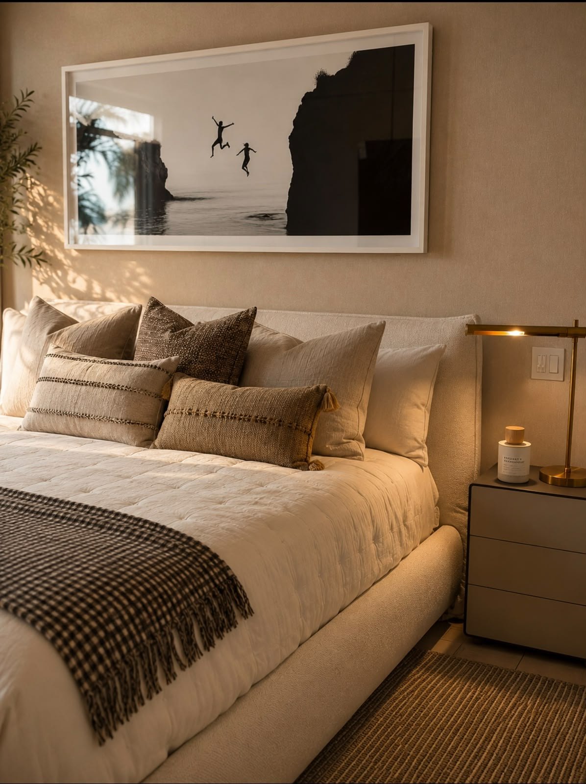 Habitación con cama tapizada, cojines texturizados, lámpara de bronce y fotografía enmarcada
