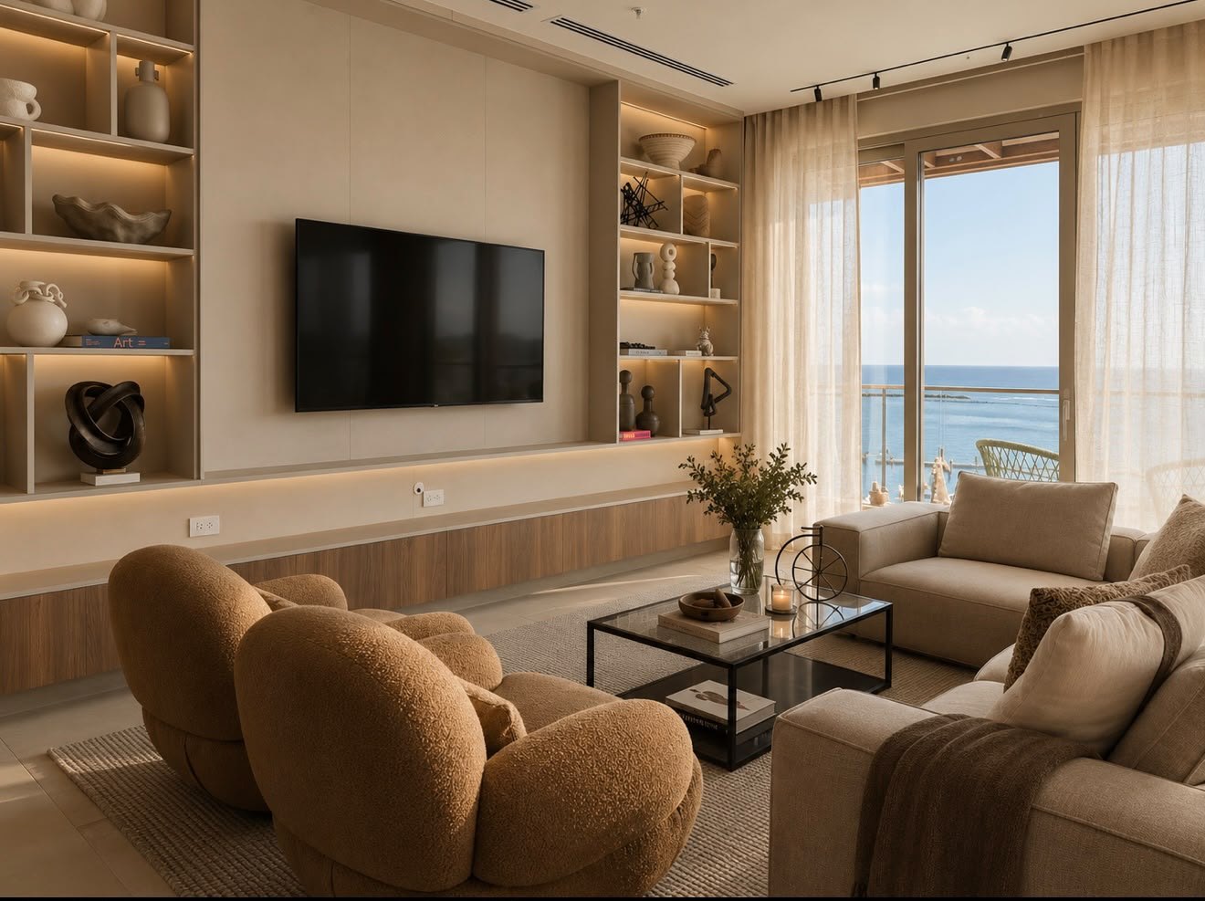 Sala con mueble de TV empotrado, repisas iluminadas, cortinas de lino y vista al mar al atardecer
